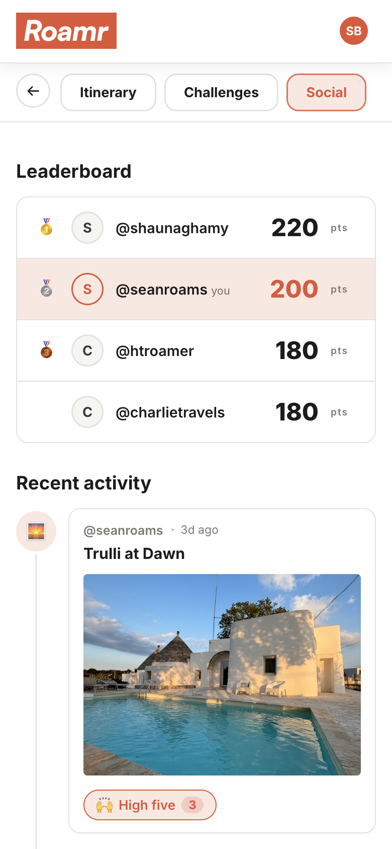Roamr traveller leaderboard and social feed